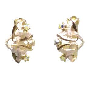Elegant Art Deco Burst Earrings with AB Crystals, Vintage Gold Tone Clip Ons